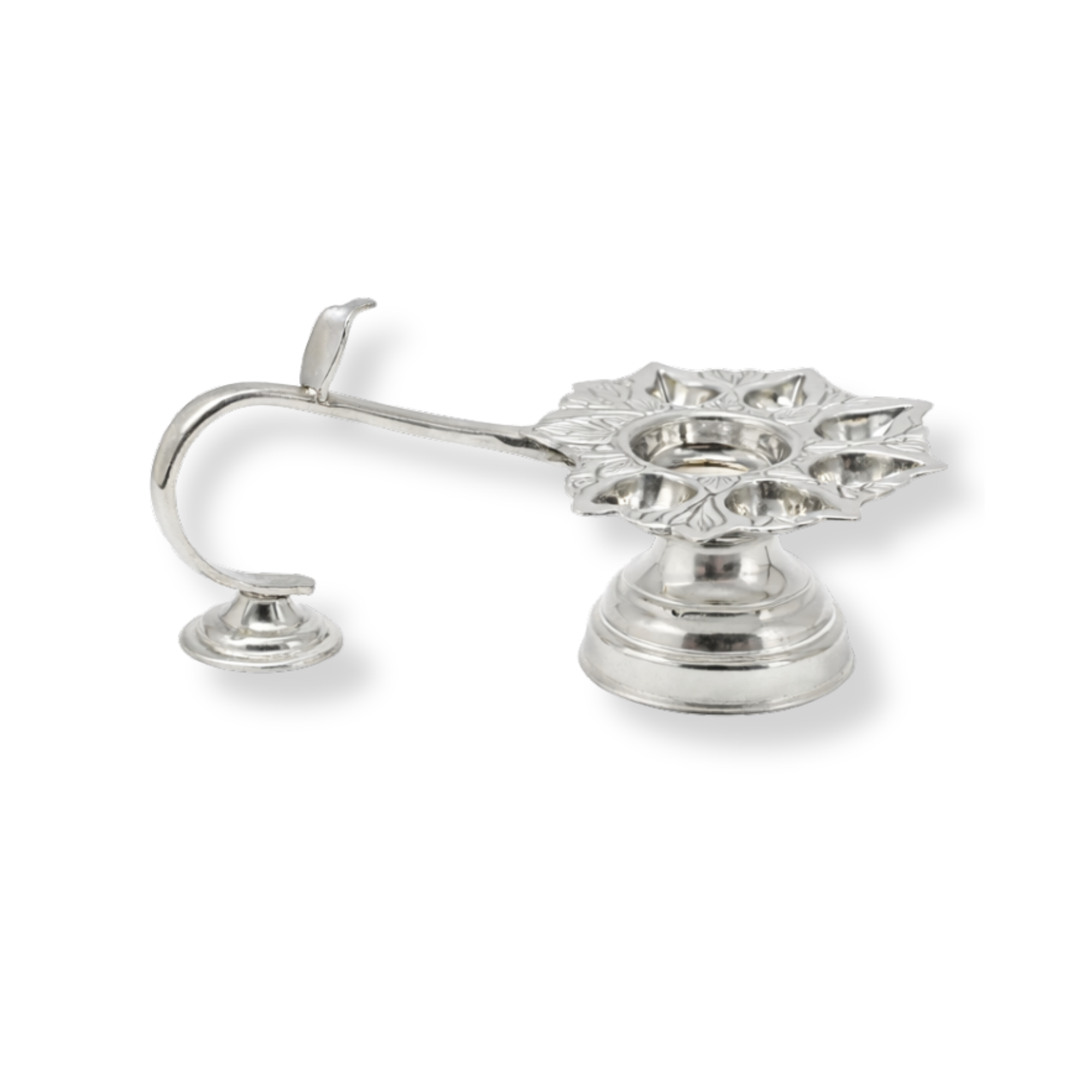 Silver Panchamukhi Diya | Silver 5-wick Oil Lamp | Silver Aarti Diya | Silver Fancy Puja Diya