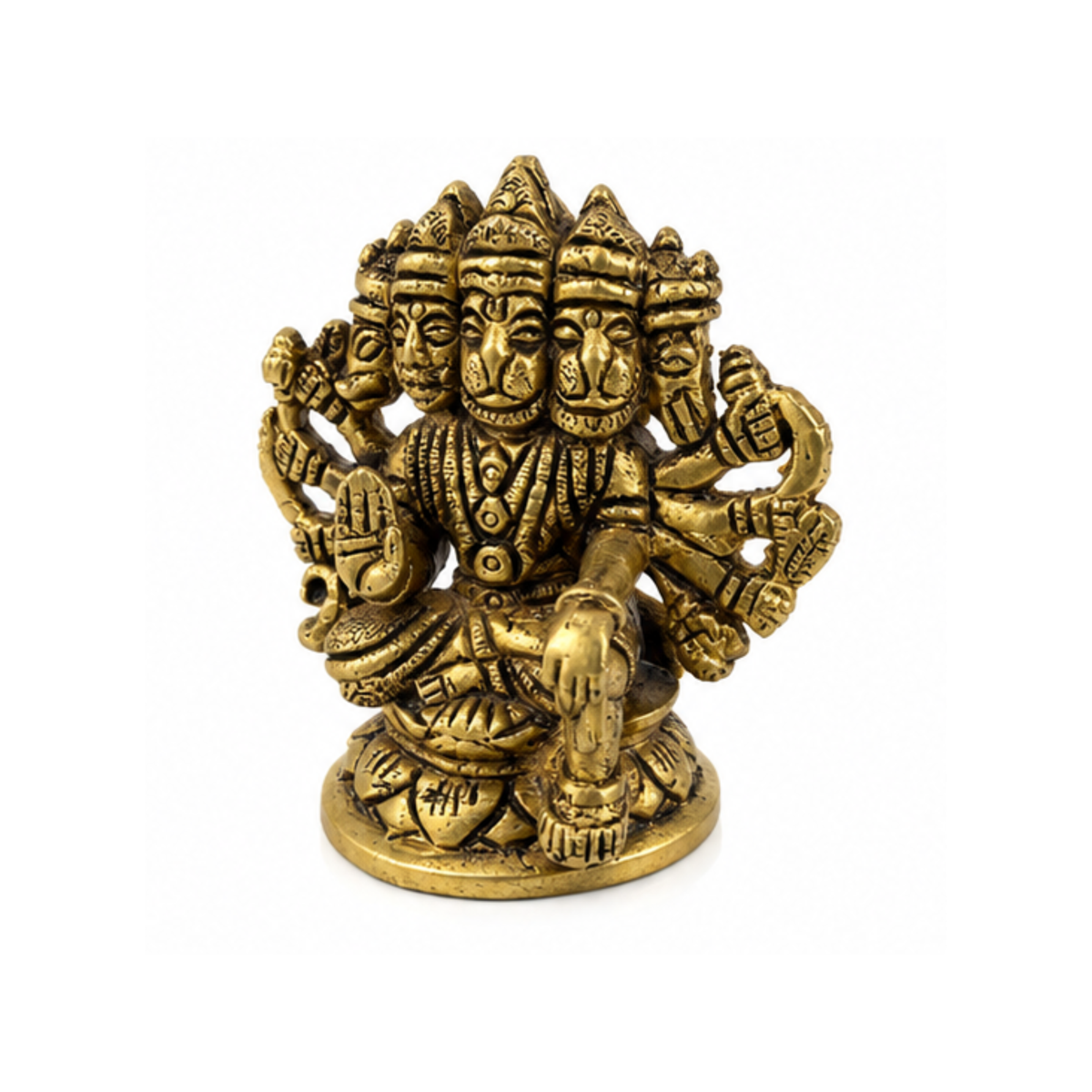 Brass Panchmukhi Hanuman Idol | Seated Five-Faced Hanuman Statue | Brass Panchamukhi Bajrangbali Murti