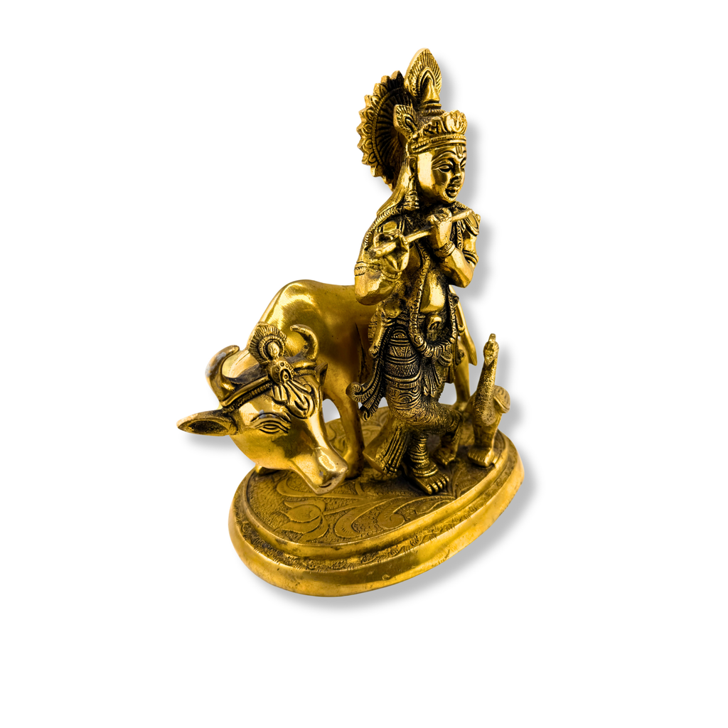 Brass Krishna with Cow and Peacock Murti | Krishna Idol | Brass Krishna Sculpture
