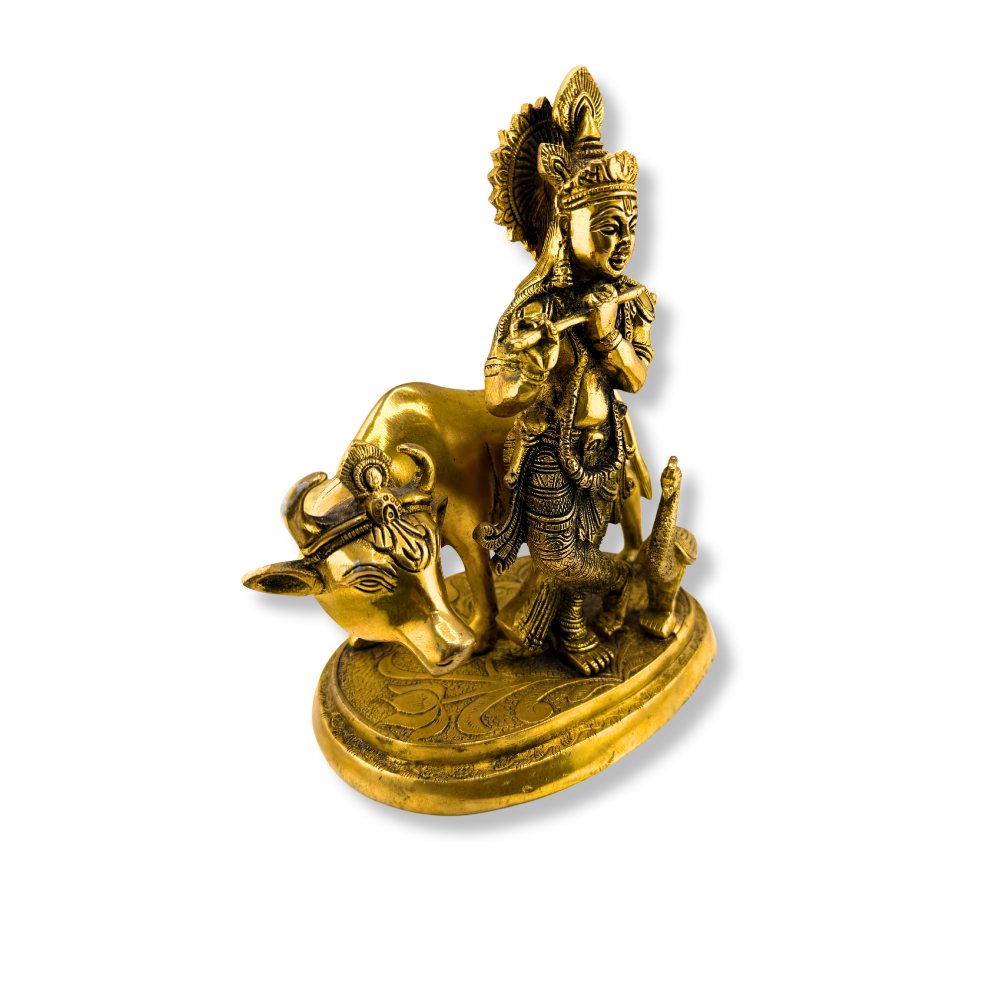 Brass Krishna with Cow and Peacock Murti | Krishna Idol | Brass Krishna Sculpture