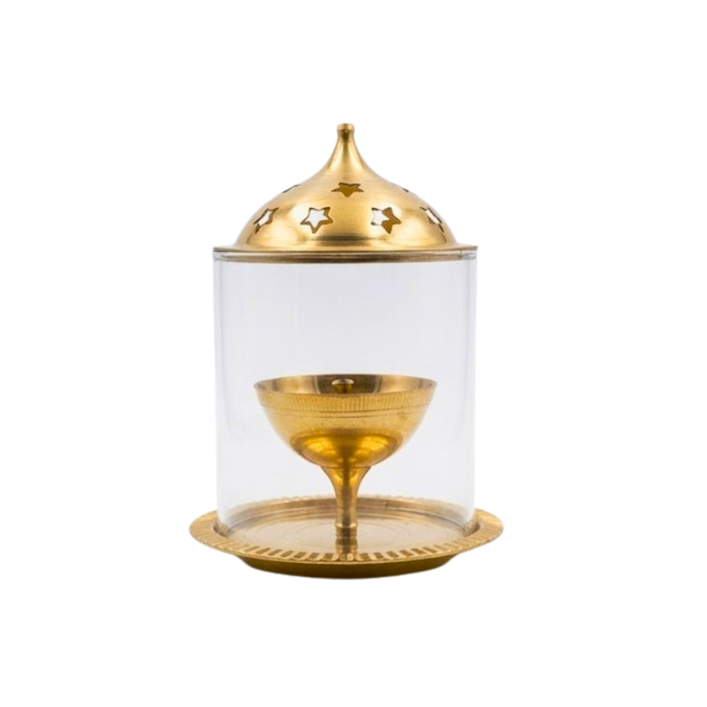 Brass Diya with Glass Cover & Star-Shaped Cap | Decorative Wind-Protected Oil Lamp