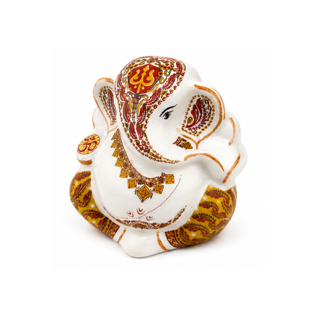 White & Gold Hand-Painted Ganesha Idol | Small Ganesha Murti for Car Dashboard | Ganesha Statue
