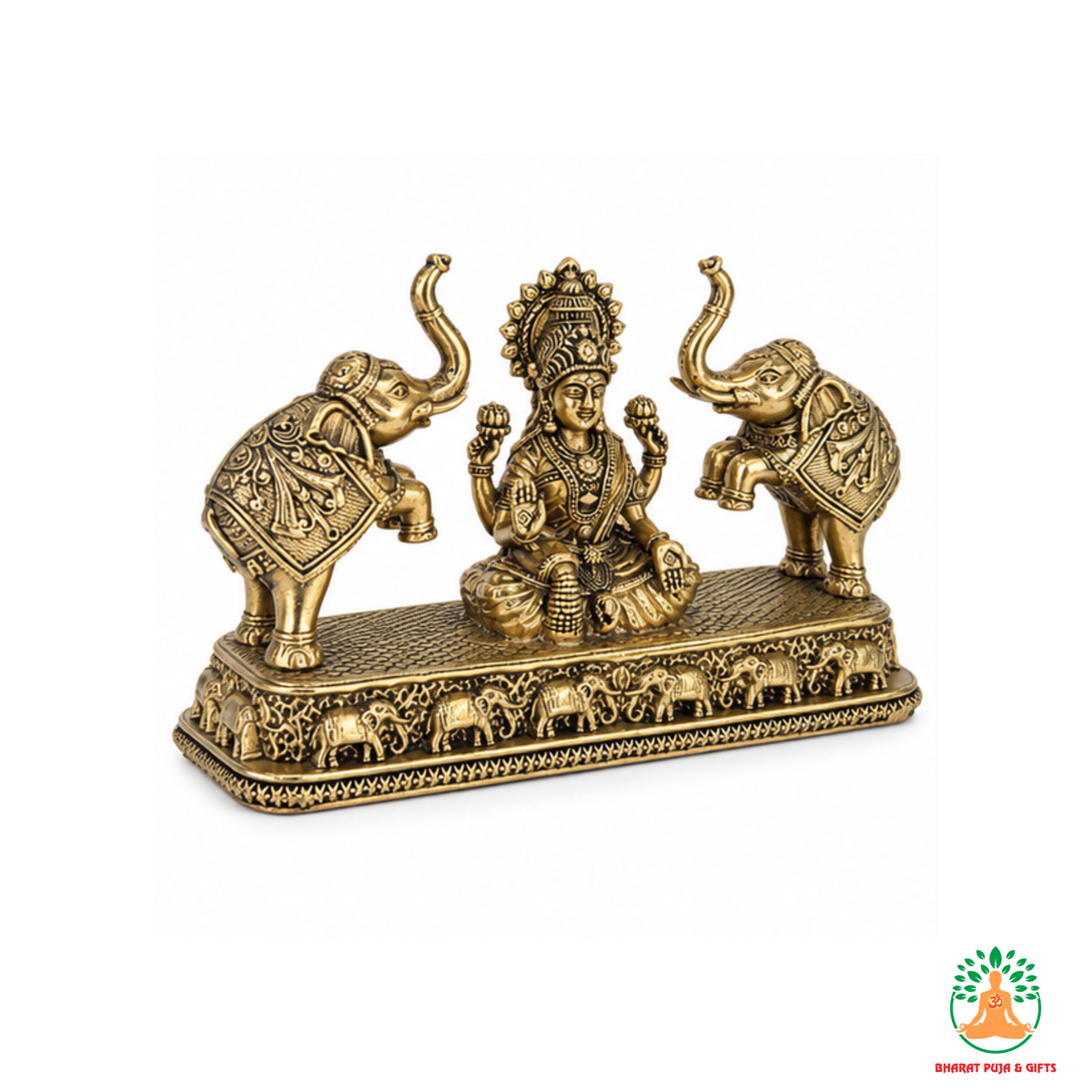 Gajalakshmi Idol with Elephants – Antique Gold Tone Hindu Goddess Statue