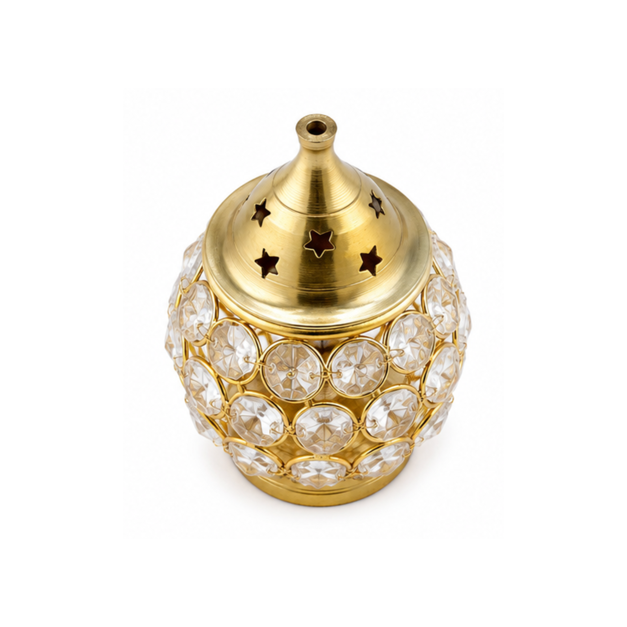 Brass Diya with Round Gem Cover | Decorative Crystal Brass Oil Lamp