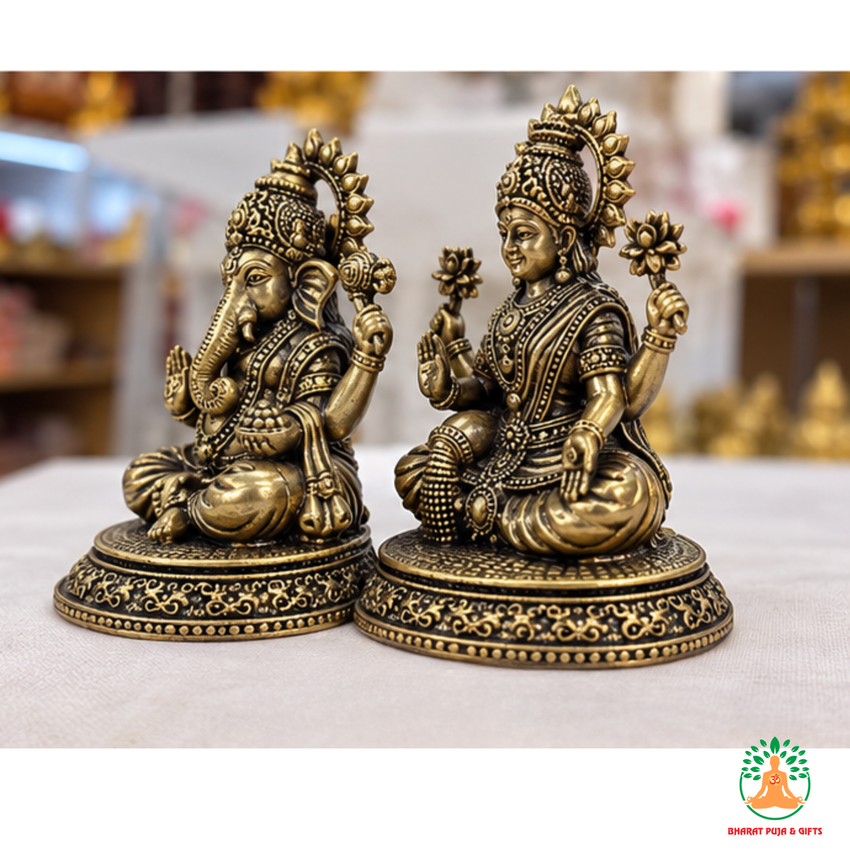 Lakshmi Ganesha Idol Set – Antique Gold Tone Hindu Statues for Puja