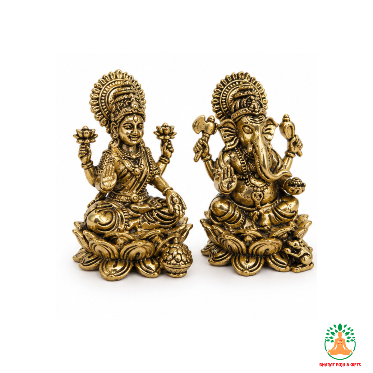 Lakshmi Ganesha Idol Set on Lotus Base – Antique Gold Tone Hindu Statues