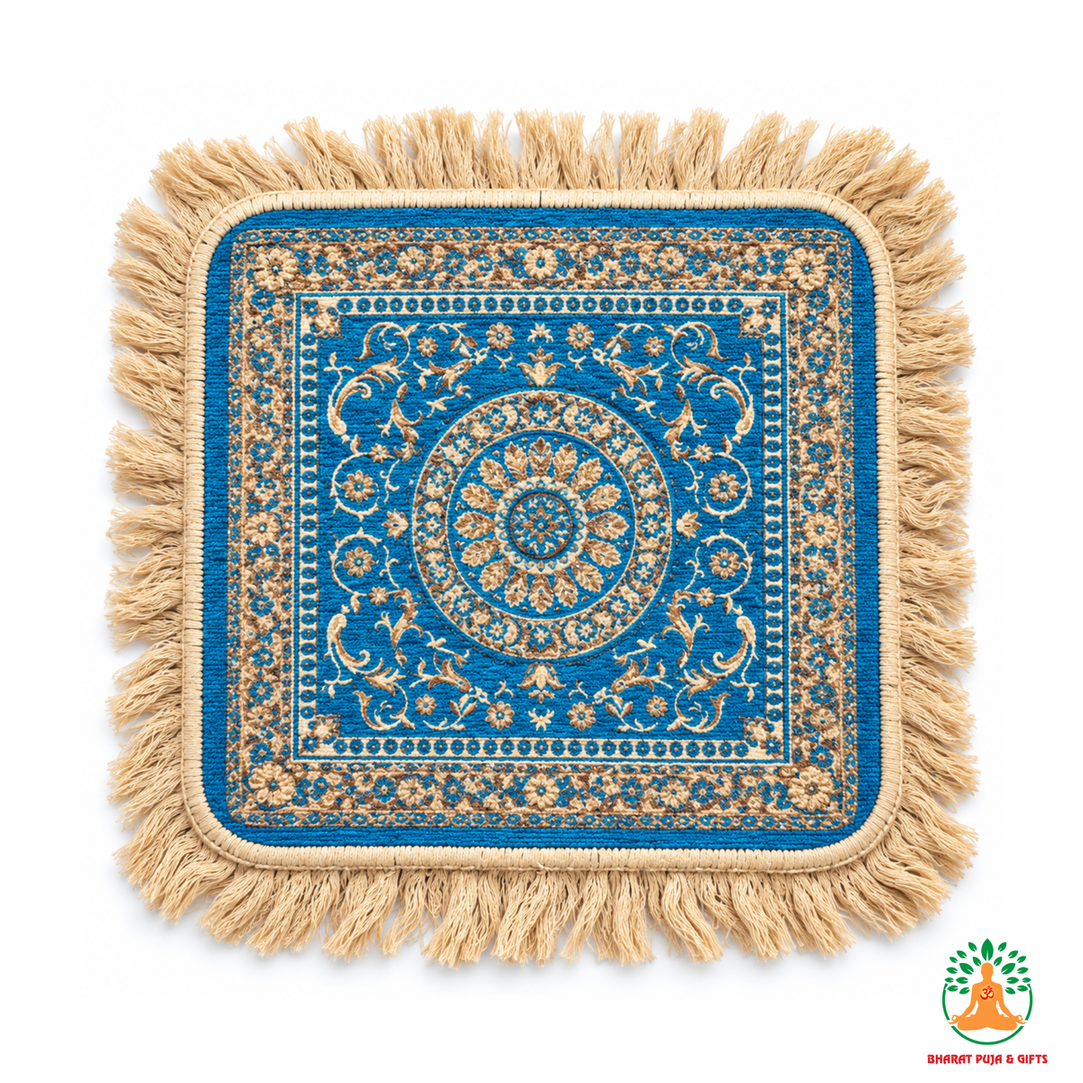 Decorative Square Mat with Fringe – Traditional Floral Medallion Design