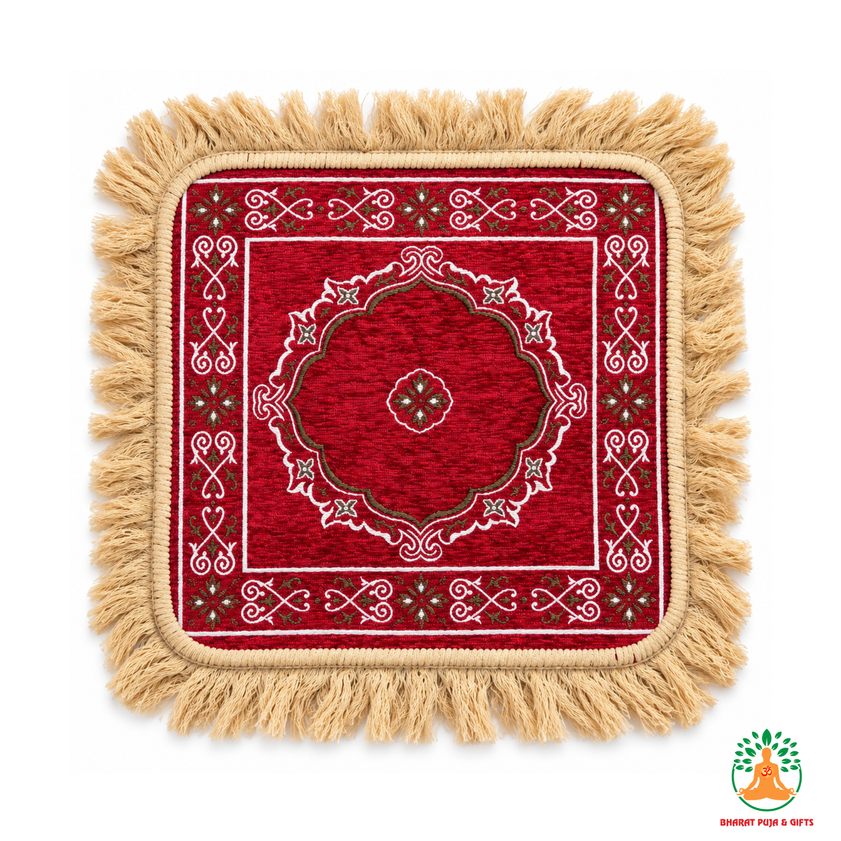 Decorative Square Mat with Fringe – Traditional Medallion Design