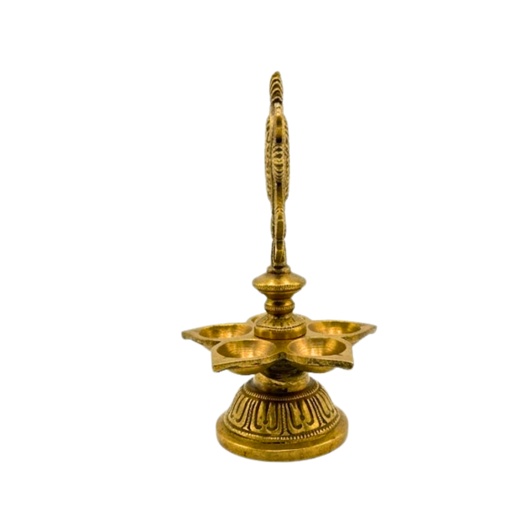 Brass 5 Wick Diya with Chakra Design | Brass 5-wick Oil Lamp | Decorative Diwali Diya