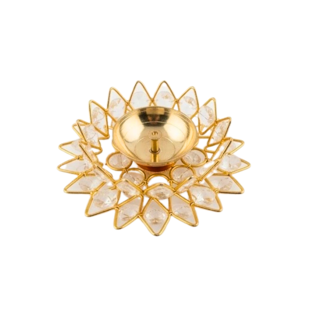 Brass Lotus Gem Diya | Decorative Crystal Lotus Oil Lamp