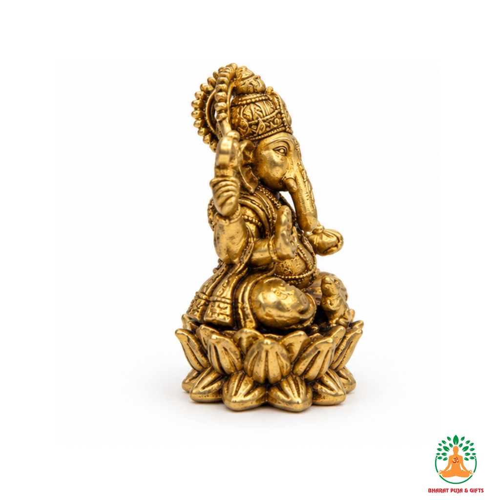 Lord Ganesha Idol on Lotus Base – Antique Gold Tone Hindu Statue