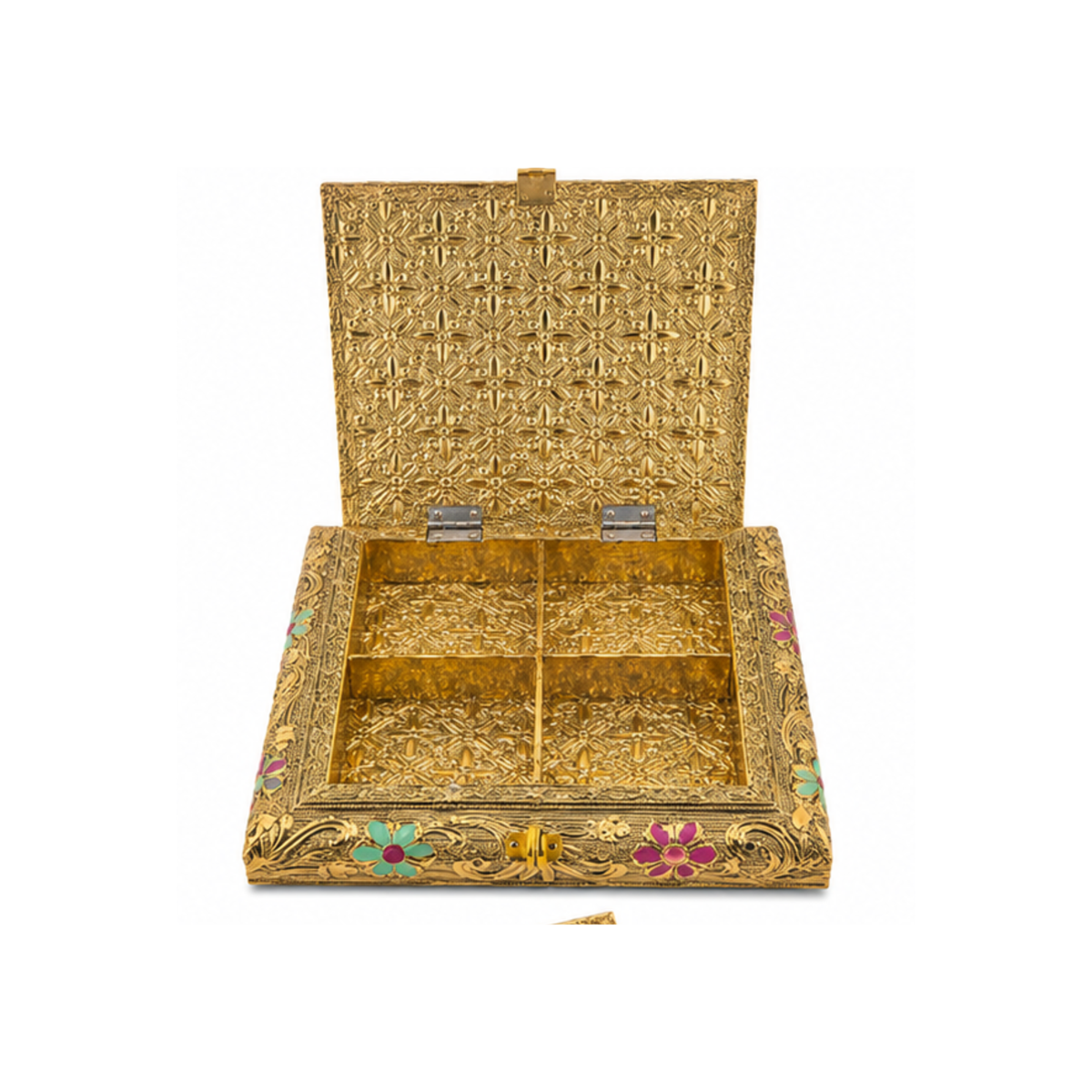 Royal Gold Peacock Floral 4-Compartment Dry Fruit Gift Box