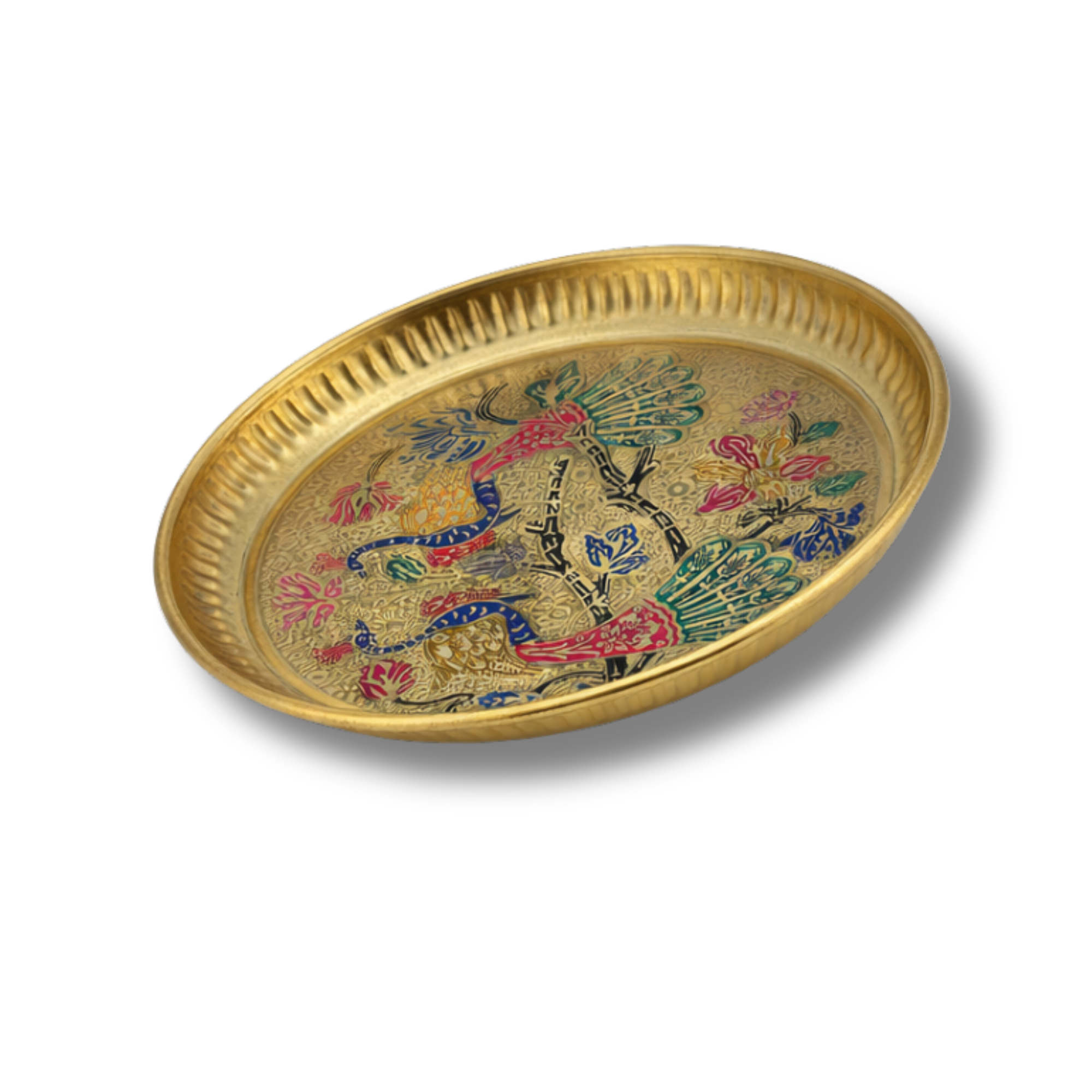 Brass Thali with Colorful Peacock Design | Decorative Brass Plate | Fancy Brass Aarti Puja Thali