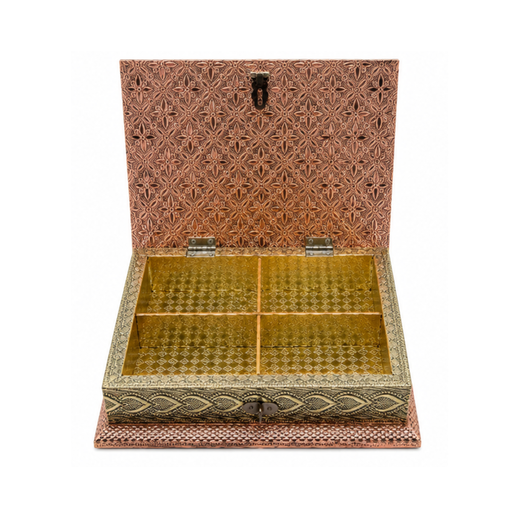 Antique Rose Gold & Silver Color 4-Compartment Dry Fruit Gift Box
