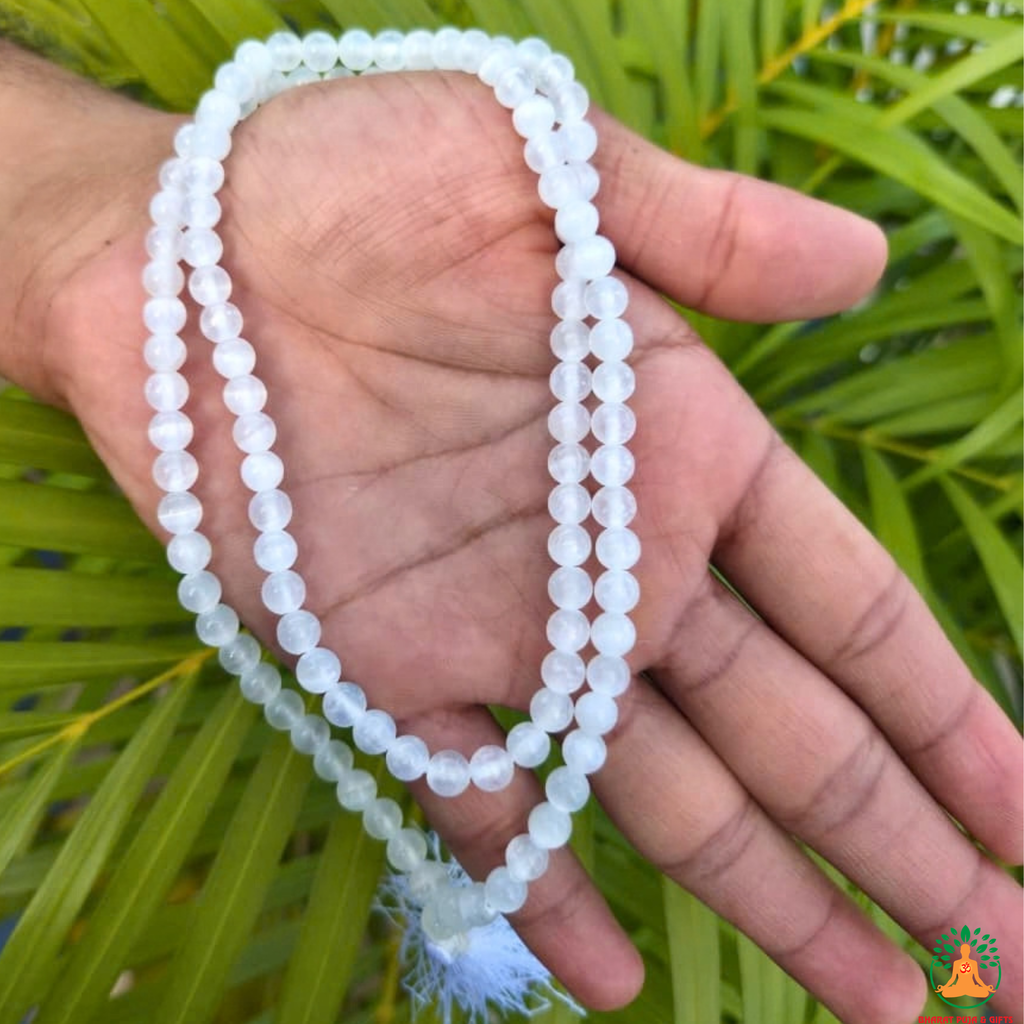Natural Selenite Beaded Necklace | 13 Inch White Crystal Mala | Meditation & Yoga Necklace | White Crystal Necklace | Spiritual Jewelry
