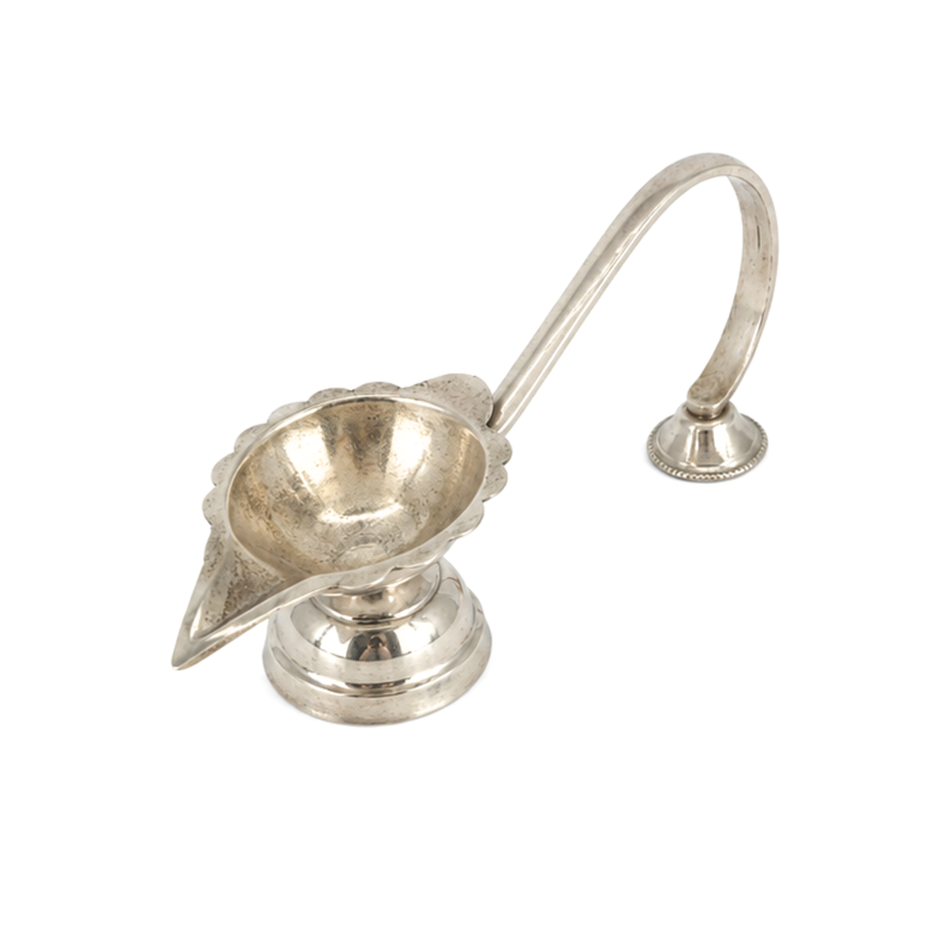 Silver Diya with Handle | Pure Silver Aarti Diya | Silver Puja Diya