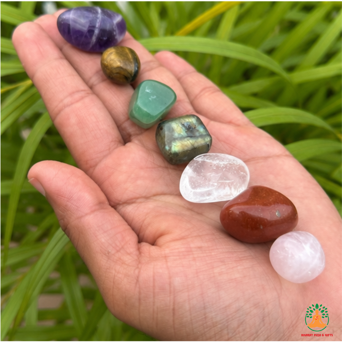 7 Chakra Tumble Stone Set | Polished Chakra Healing Crystals | Amethyst Tiger Eye Red Jasper Green Aventurine Labradorite Clear Quartz Carnelian Rose Quartz Tumbled Crystal Set