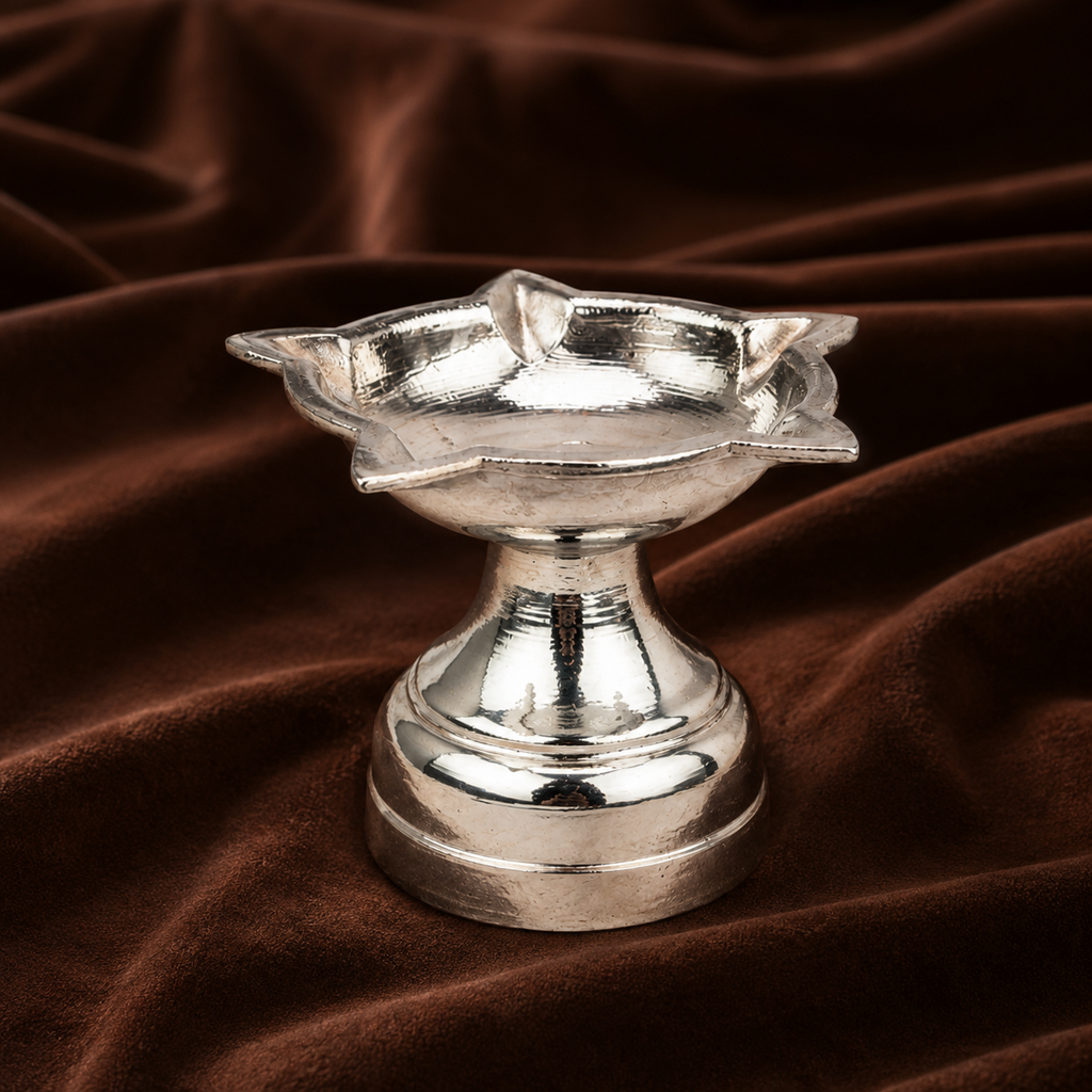 Pure Silver Lotus Pedestal Diya | 999 Fine Silver Puja Oil Lamp