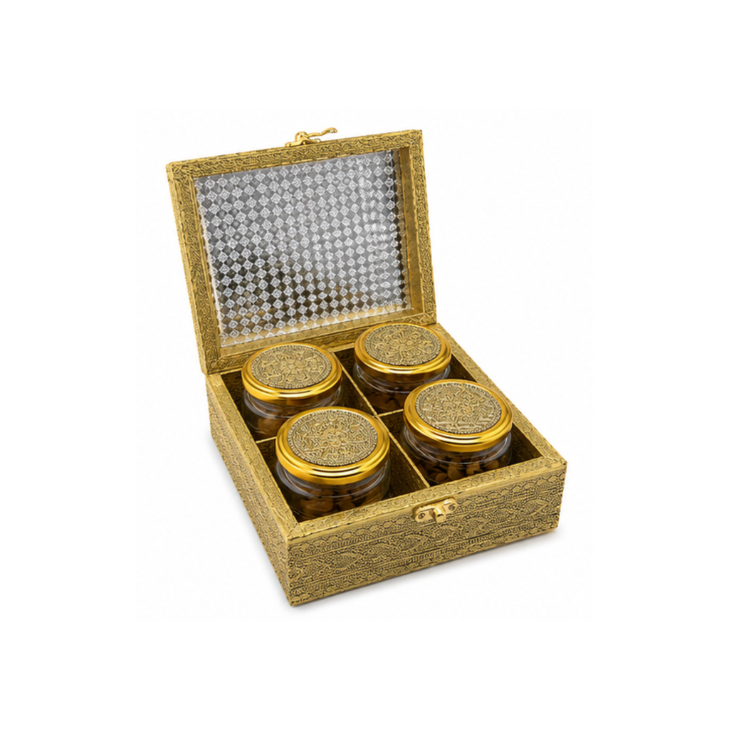 Royal Antique Gold 4-Jar Dry Fruit Gift Box | Traditional Indian Gift Box | Decorative Storage Box