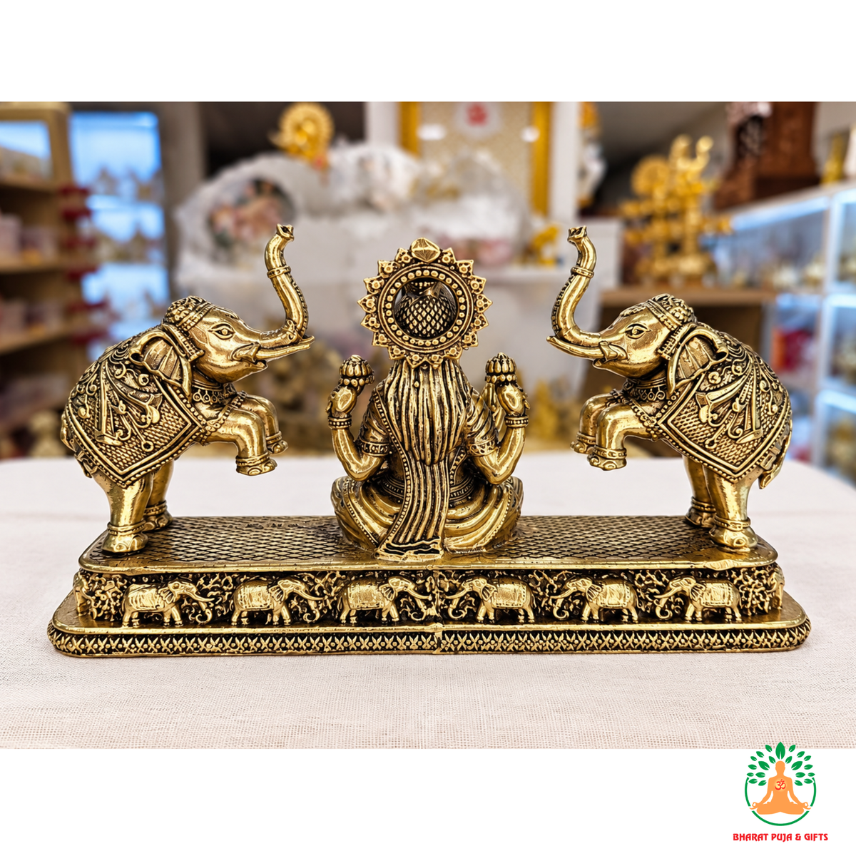 Gajalakshmi Idol with Elephants – Antique Gold Tone Hindu Goddess Statue