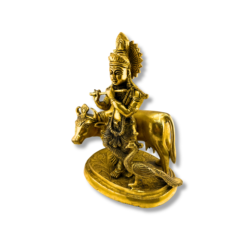 Brass Krishna with Cow and Peacock Murti | Krishna Idol | Brass Krishna Sculpture
