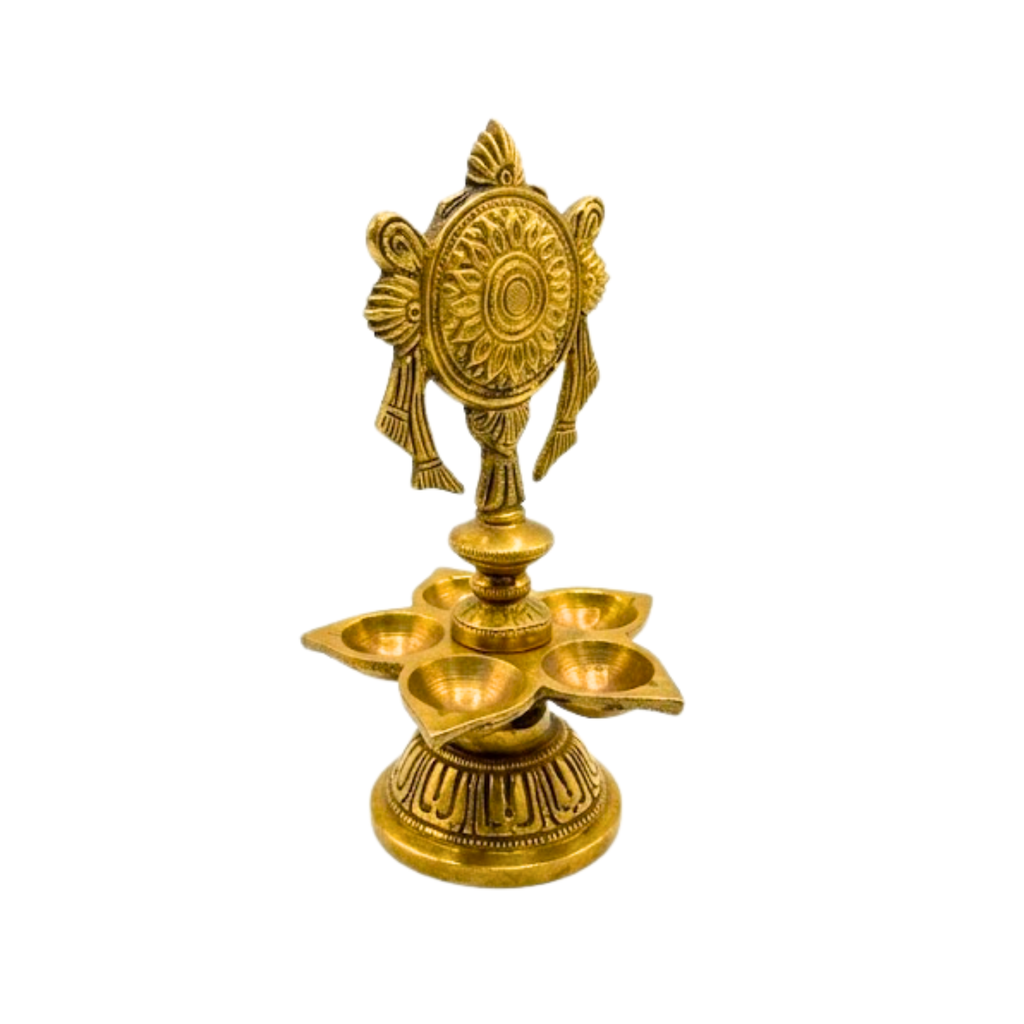 Brass 5 Wick Diya with Chakra Design | Brass 5-wick Oil Lamp | Decorative Diwali Diya