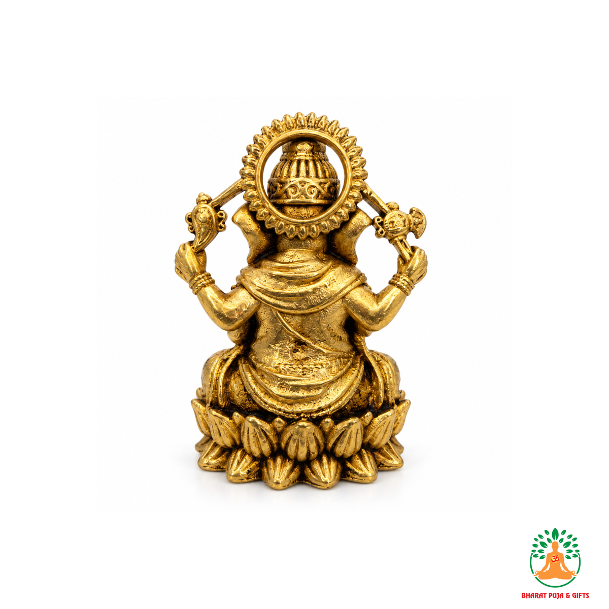 Lord Ganesha Idol on Lotus Base – Antique Gold Tone Hindu Statue