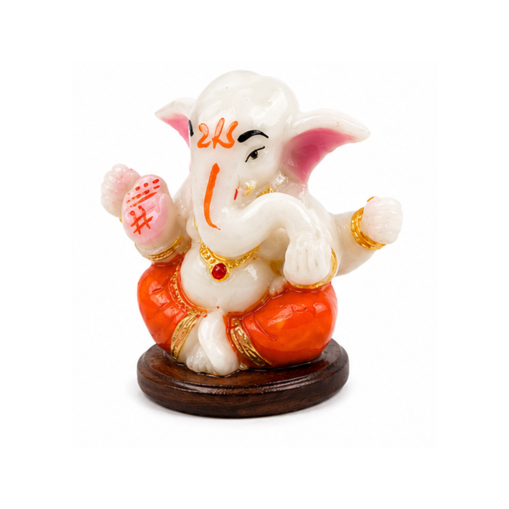 White Ganesha Idol with Orange Dhoti | Small Ganesha Murti | Ganpati Statue