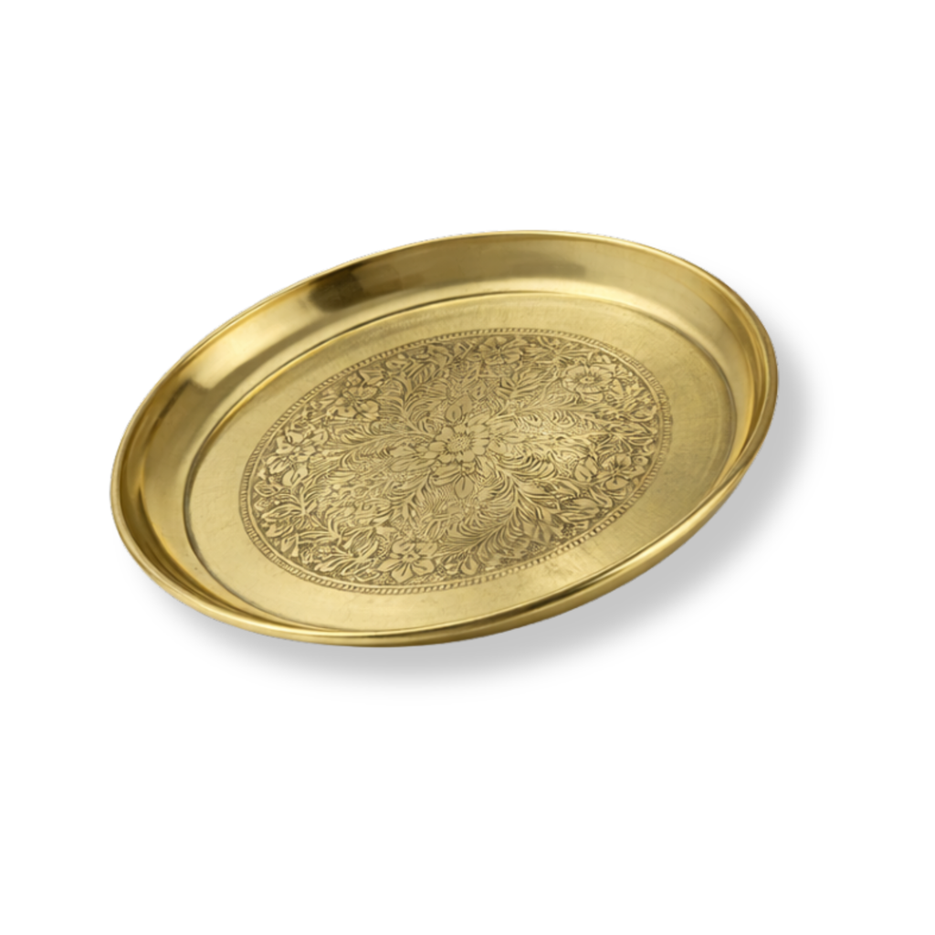 Brass Thali Intricate Flower Design 7 inch | Brass Puja Plate | Decorative Diwali Puja Plate