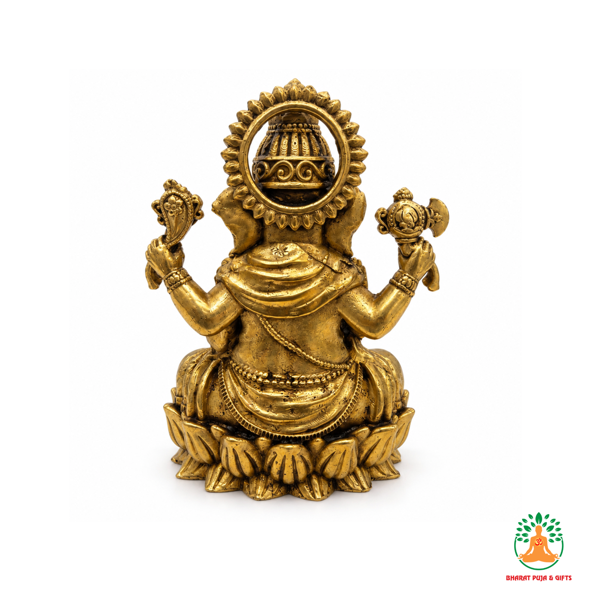 Antique Gold Tone Lord Ganesha Idol on Lotus Base – Traditional Hindu Statue