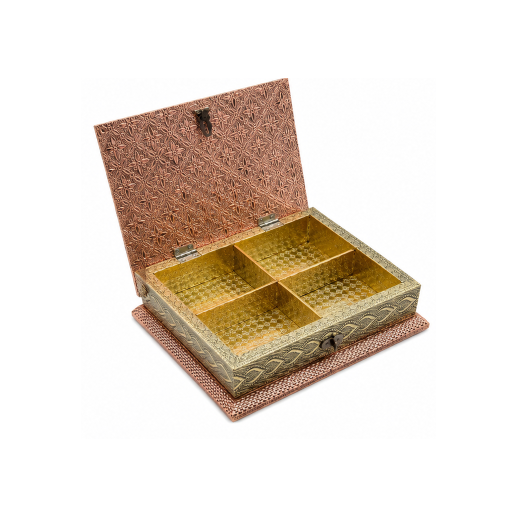 Antique Rose Gold & Silver Color 4-Compartment Dry Fruit Gift Box