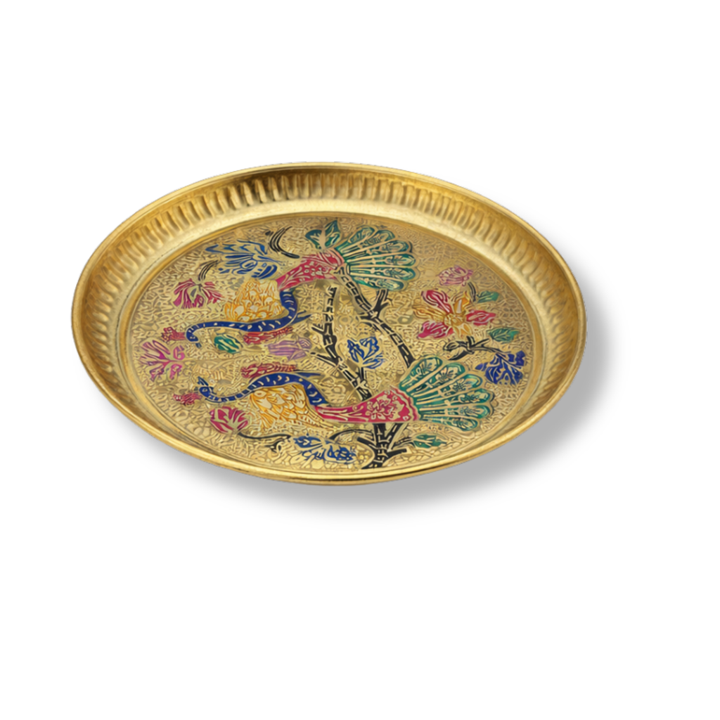 Brass Thali with Colorful Peacock Design | Decorative Brass Plate | Fancy Brass Aarti Puja Thali
