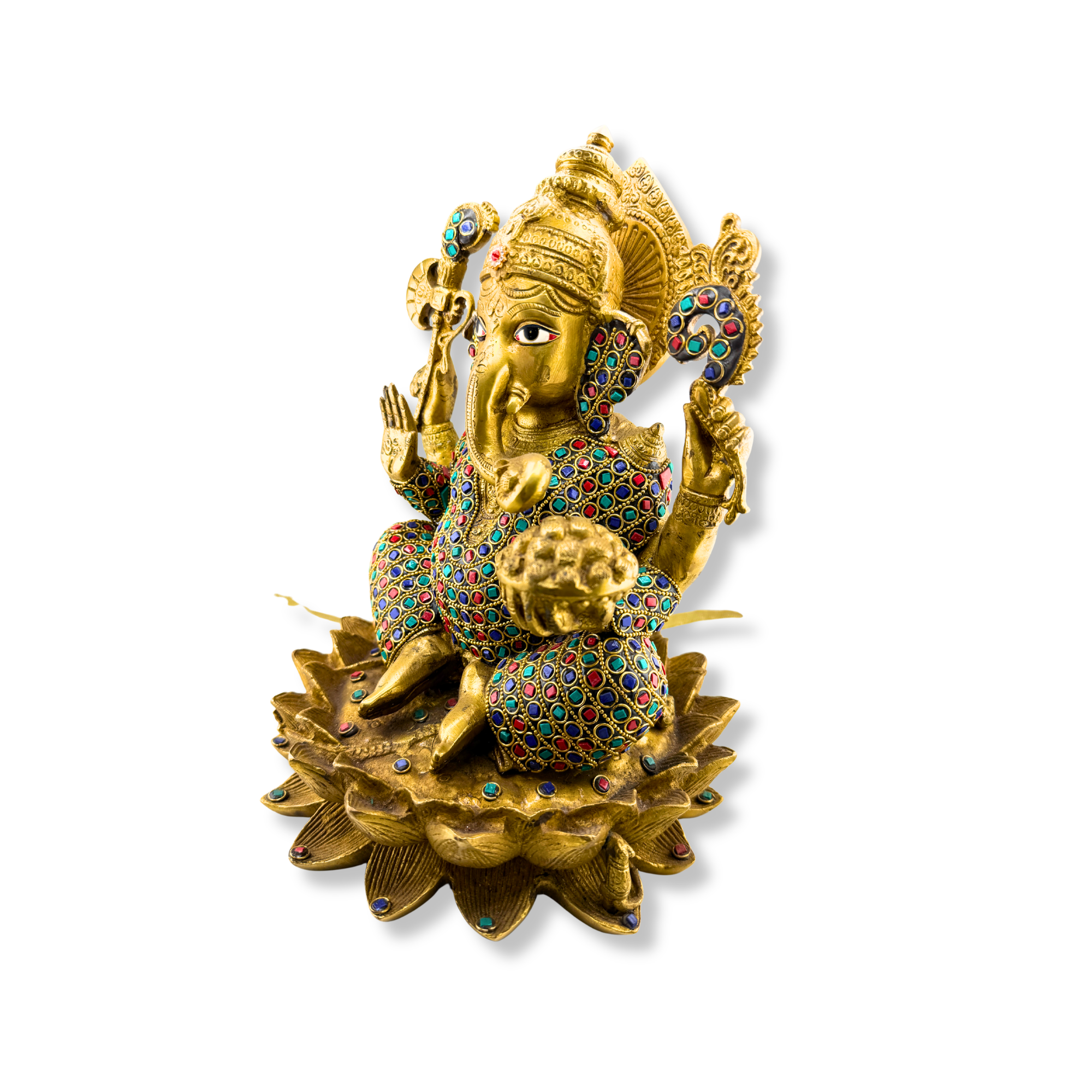 Brass Lord Ganesha Idol with Colorful Stone Work | Heavy Decorative Ganapati (30 lbs)