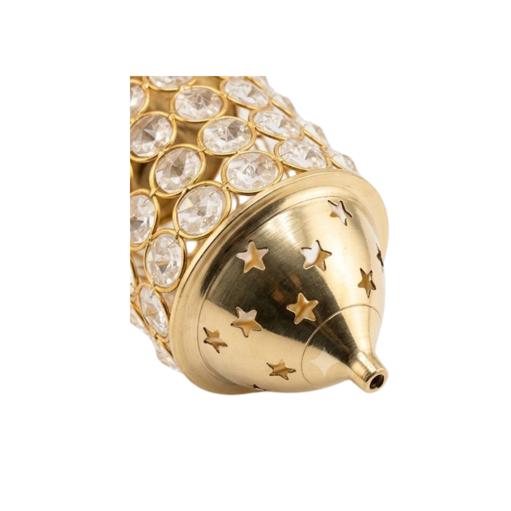Brass Diya with Cylindrical Gem Cover | Decorative Crystal Brass Oil Lamp