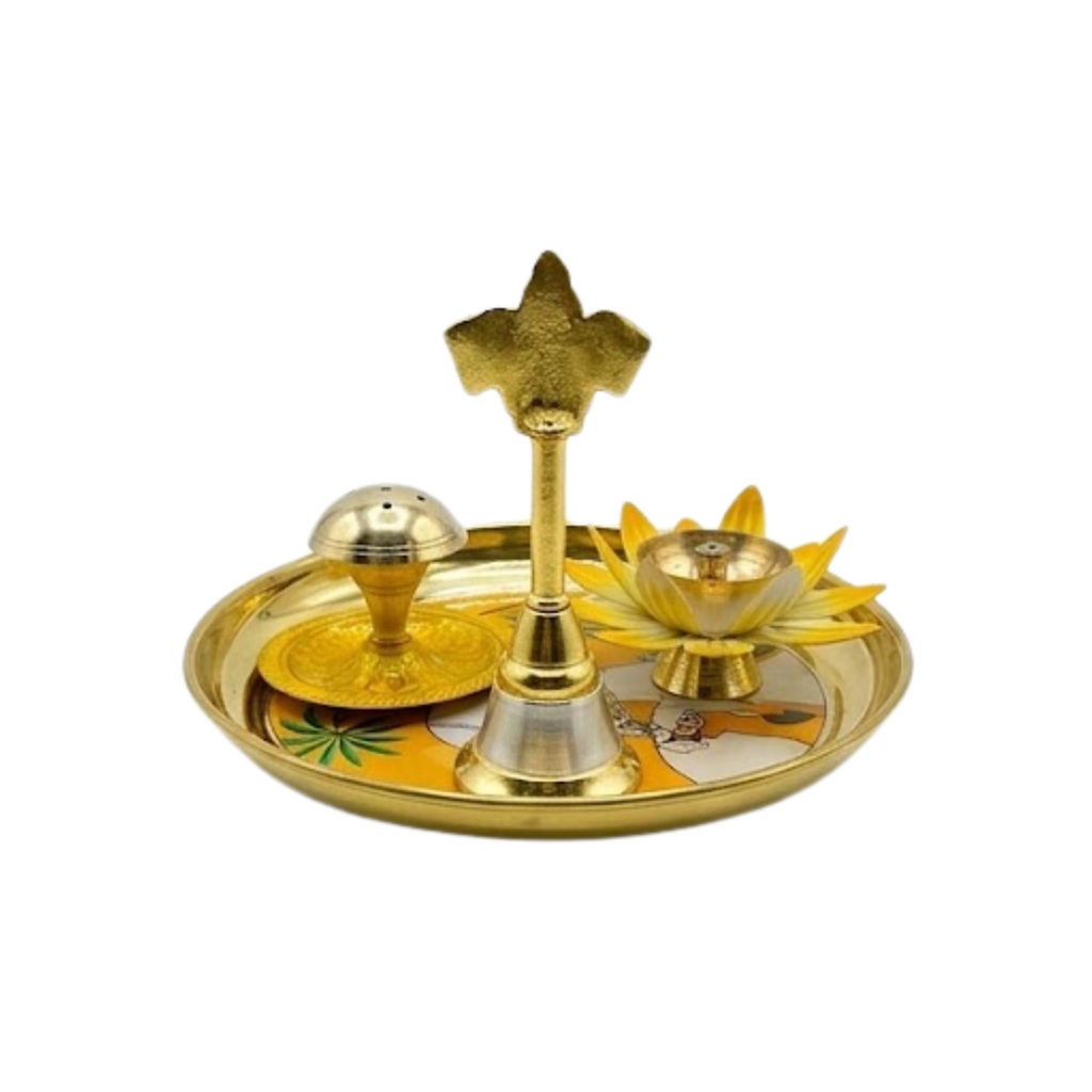Brass Puja Thali with Yellow Cow Design Set | Traditional Aarti Plate | Decorative Arti Thali