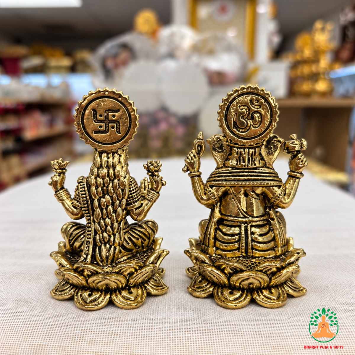 Lakshmi Ganesha Idol Set on Lotus Base – Antique Gold Tone Hindu Statues