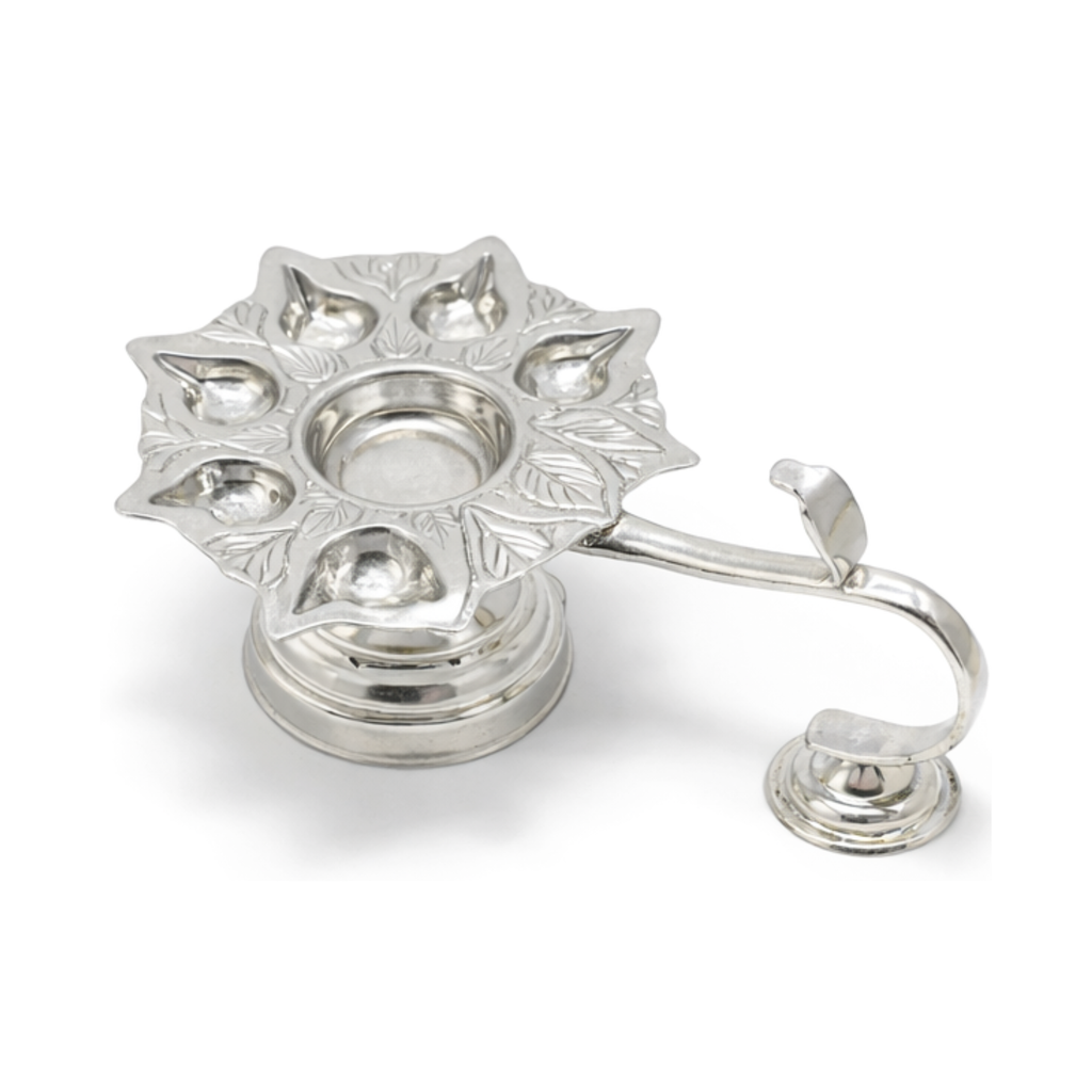 Silver Panchamukhi Diya | Silver 5-wick Oil Lamp | Silver Aarti Diya | Silver Fancy Puja Diya