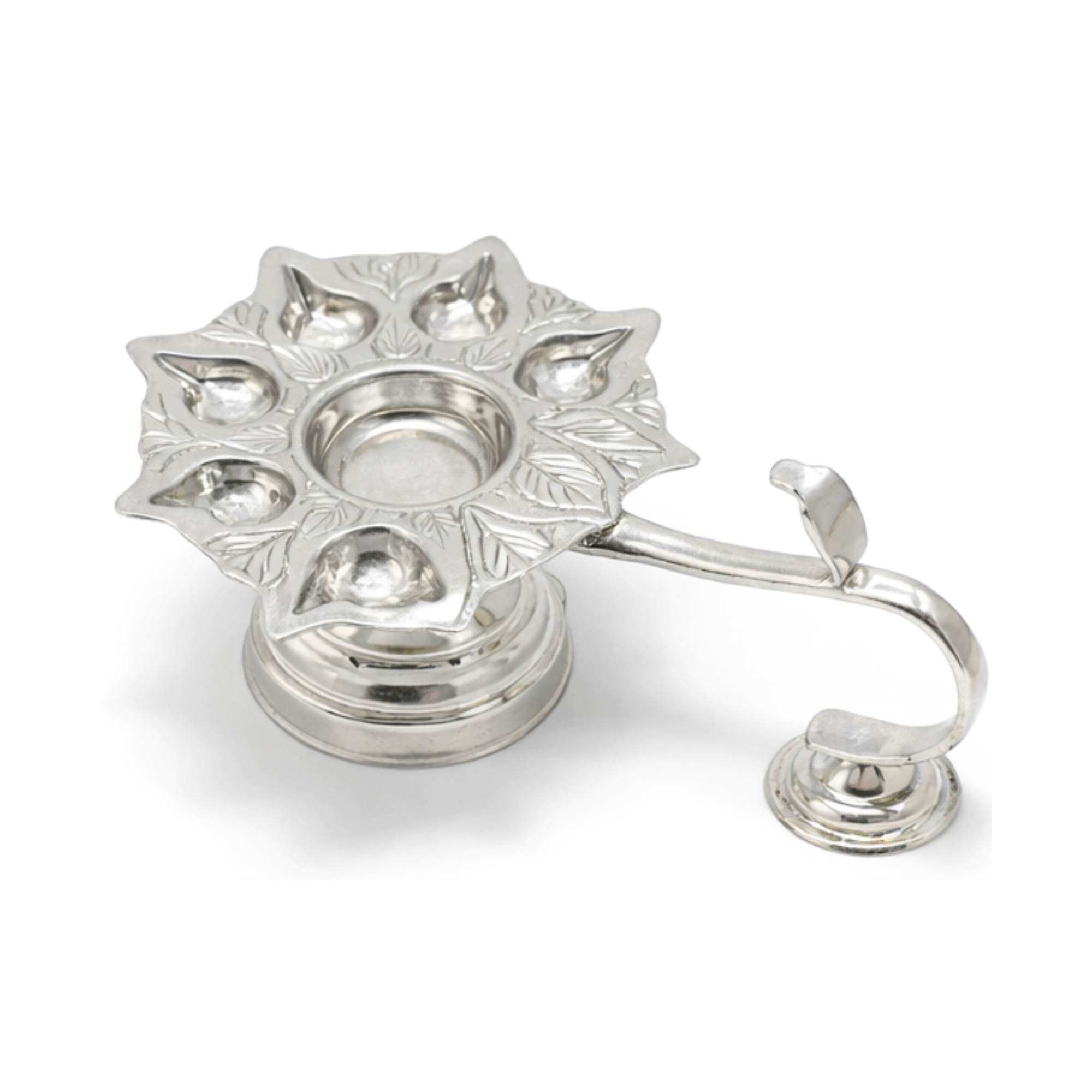 Silver Panchamukhi Diya | Silver 5-wick Oil Lamp | Silver Aarti Diya | Silver Fancy Puja Diya