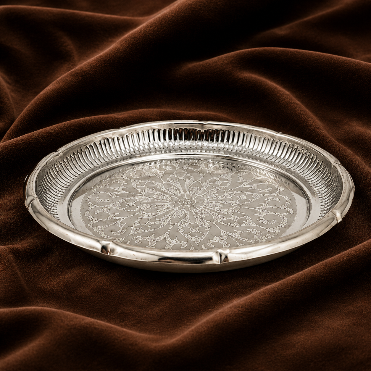 Silver Plate with Flower Design | Decorative Silver Puja Plate