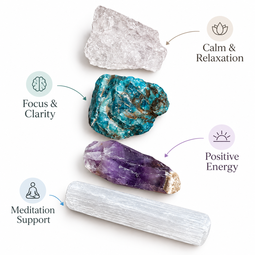 Stress Relief Raw Stone Set | Clear Quartz, Blue Lepidolite, Amethyst & Selenite Raw Crystal Set | Meditation Stones | Spiritual Gift
