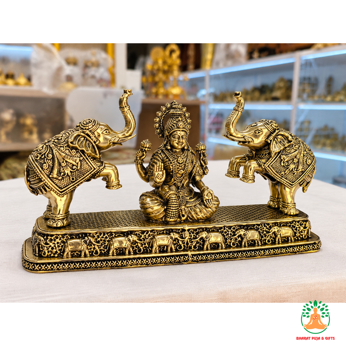 Gajalakshmi Idol with Elephants – Antique Gold Tone Hindu Goddess Statue