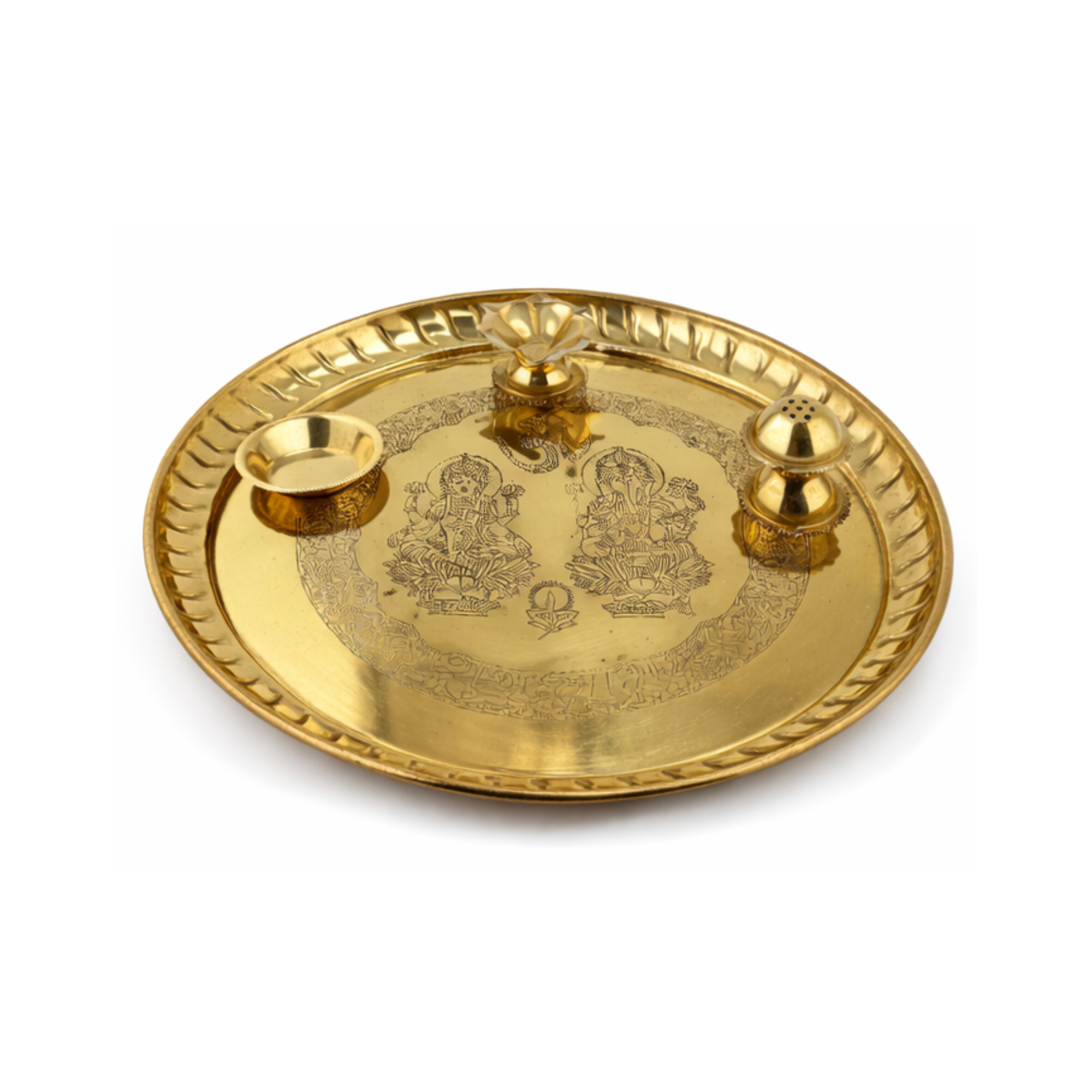 Brass Aarti Thali with Lakshmi & Ganesha | Traditional Engraved Puja Plate Set | Diwali Arti Thali