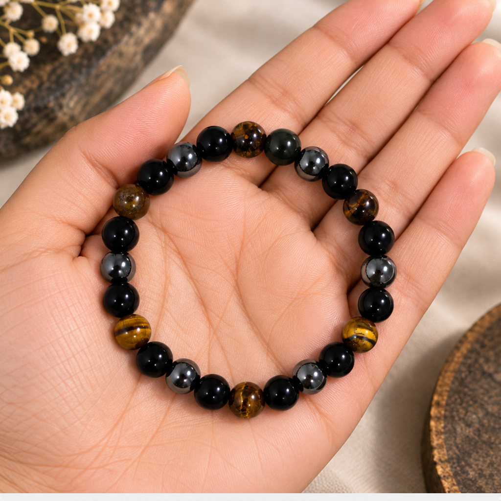 Triple Chakra Bracelet | Black Obsidian Hematite Tiger Eye Bracelet | Grounding & Protection Jewelry | Chakra Inspired Crystal Bracelet