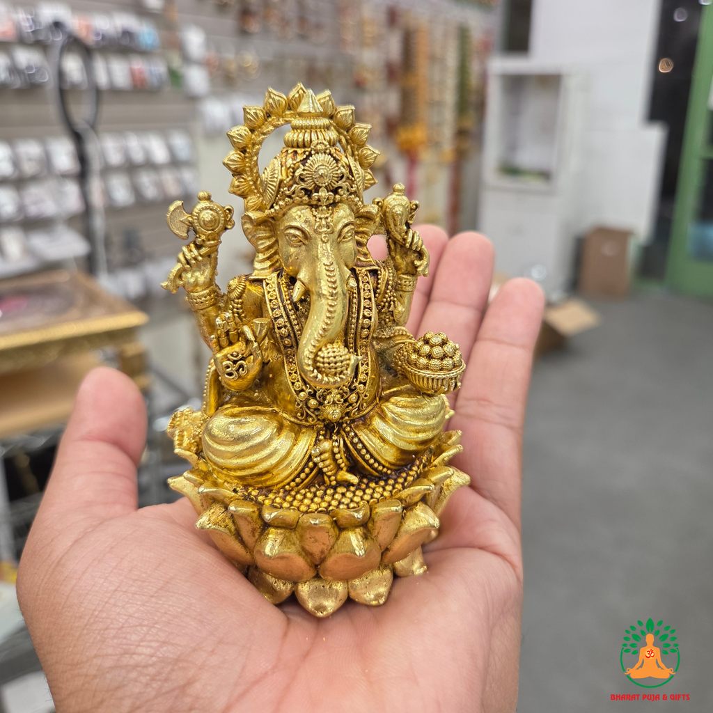 Lord Ganesha Idol on Lotus Base – Antique Gold Tone Hindu Statue2