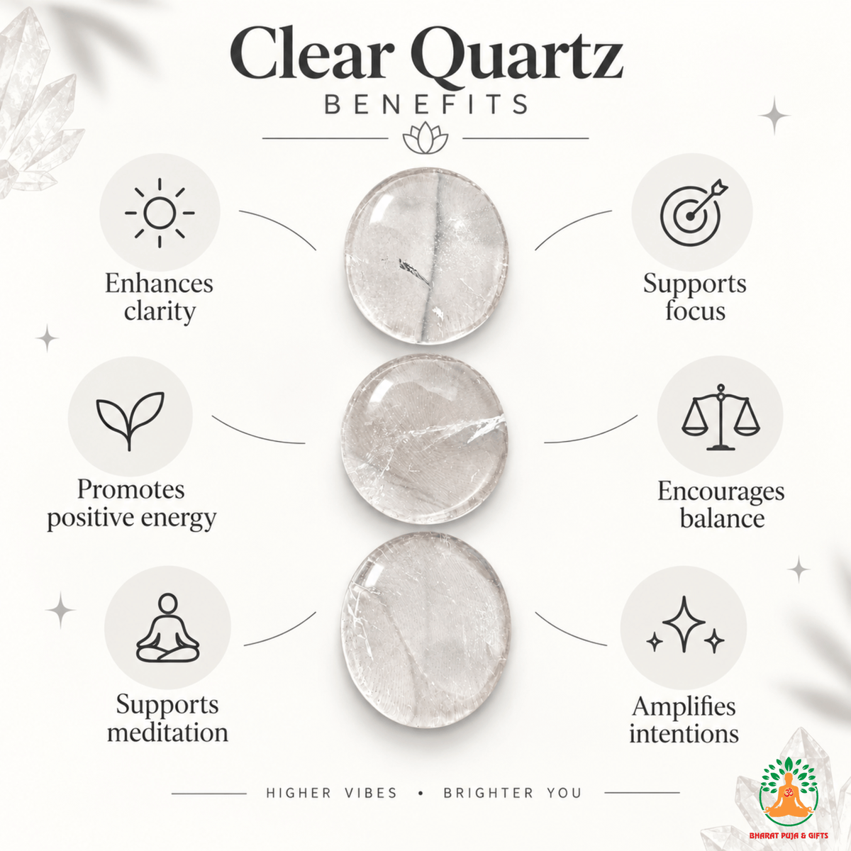 Clear Quartz Palmstone Set of 3 | Natural Clear Quartz Crystal Stones | Polished Round Palm Stones | Meditation Crystals for Healing and Chakra Balance