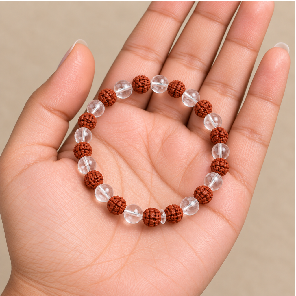 Rudraksha Sphatik Bracelet | Rudraksha & Clear Quartz Bracelet | Spiritual Meditation Jewelry | Prayer Bracelet | Natural Rudraksha Jewelry Gift