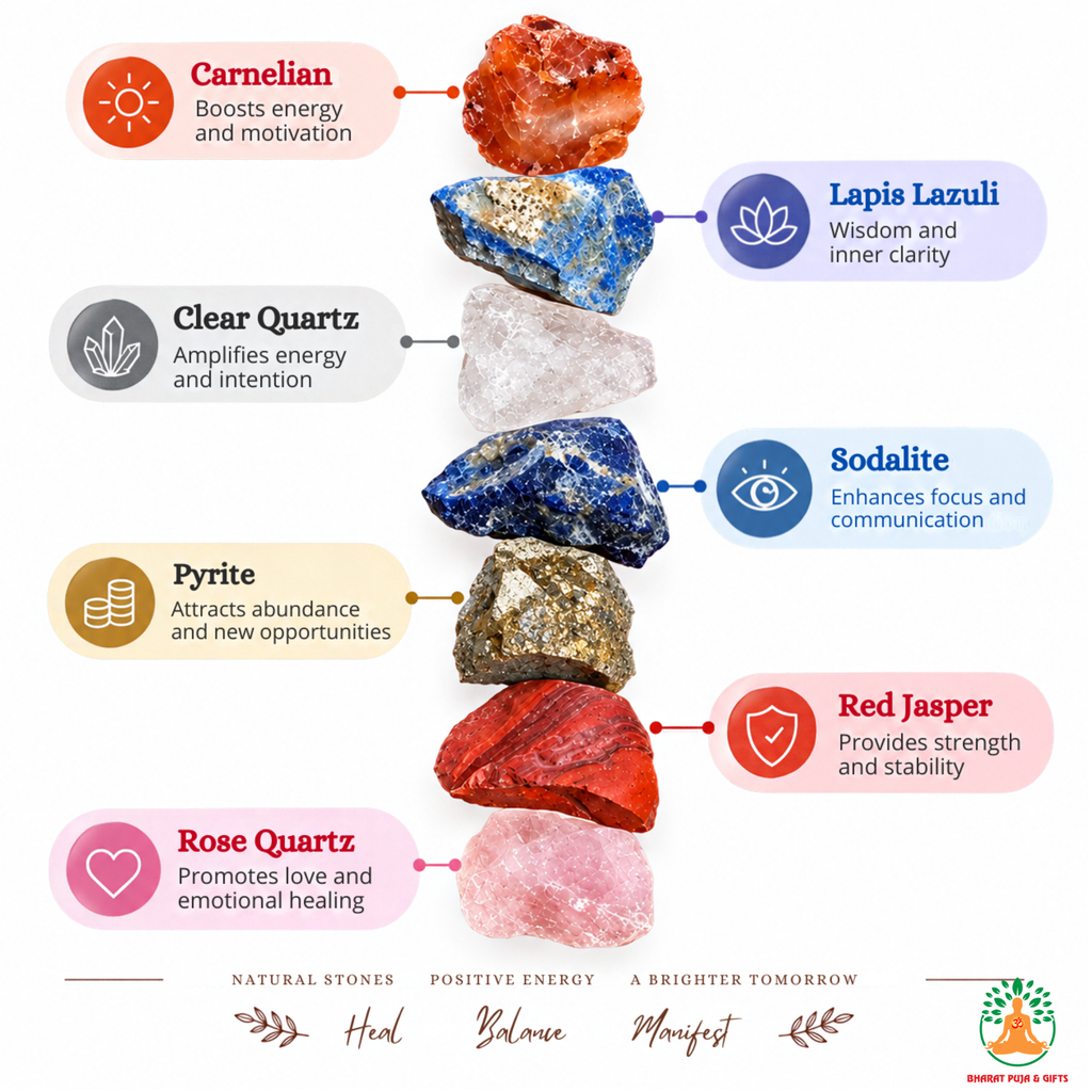 7 Chakra Raw Stone Set | 7 Chakra Natural Crystals Set| Carnelian Lapis Lazuli Sodalite Pyrite Red Jasper Rose Quartz Clear Quartz | Crystal Gift