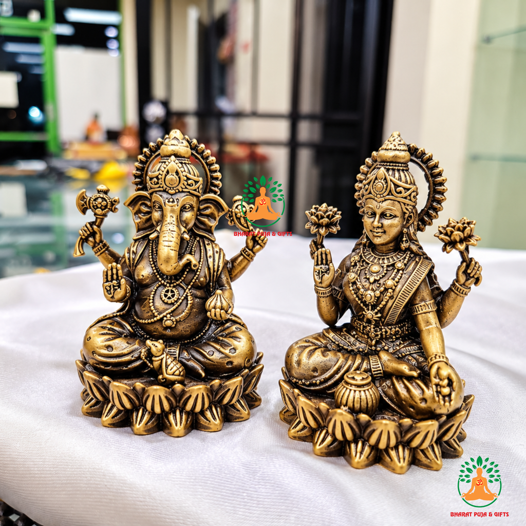 Brass Lakshmi Ganesha Idol Set – Hindu God Statues for Puja & Home Temple