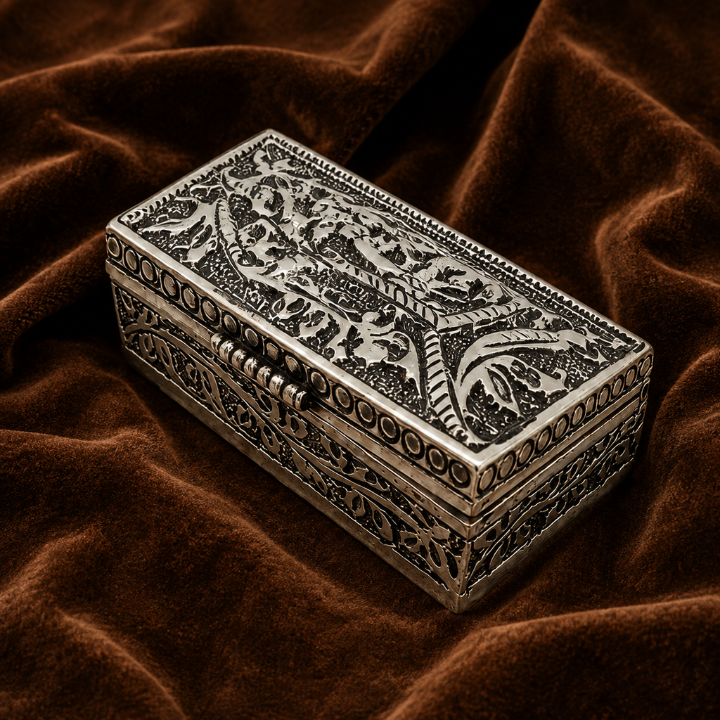Silver Rectangular Storage Box | Pure Silver Decorative Puja Dabba Container