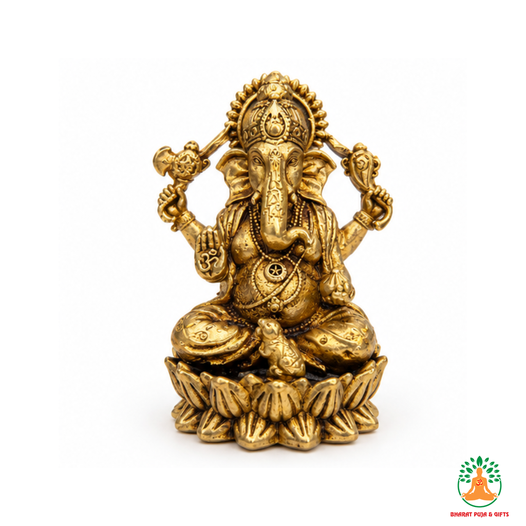 Lord Ganesha Idol on Lotus Base – Antique Gold Tone Hindu Statue2